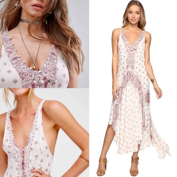 Free People Dresses & Skirts - Free People Faithfully Yours Cream Pink Boho Midi Dress Size XS Bohemian Prarie